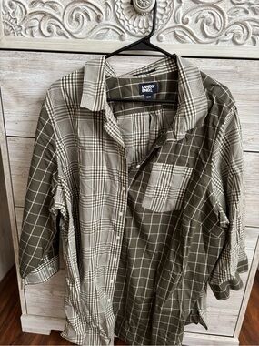 Lands' End  Olive and Cream Mixed-Check Button Down Shirt
